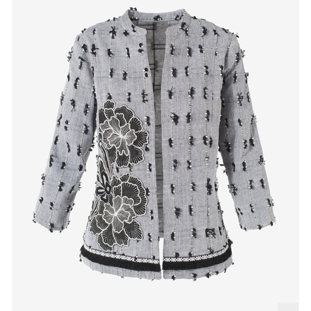 Chico's Gray Blazer with Black And White Floral Embroidery and Fringe Size S
